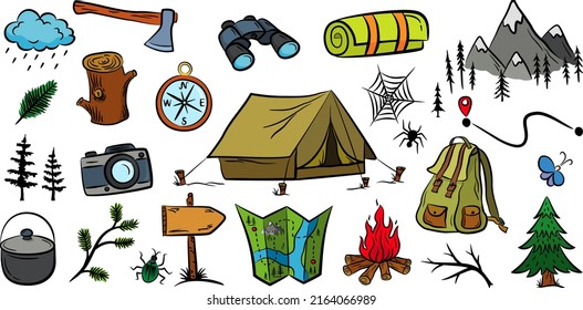 Hiking and backpacking equipment collection. Set of elements for your design . Camping doodles. Vector illustration.