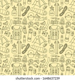 Hiking or backpacking seamless pattern. Trekking equipment background. Camping doodle print. Vector illustration.