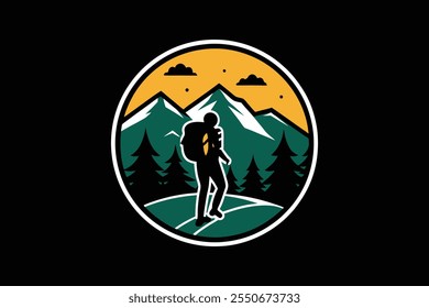 Hiking badge illustration featuring a backpacker silhouette, mountain peaks, pine trees, and a vibrant sunset sky. Perfect for outdoor, travel, camping, and nature-themed projects