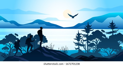 Hiking banner with group of young people climbing the hill top. Panoramic landscape with forest, flying eagle, lake and mountains. Summer outdoor activities concept in trendy blue colors. 