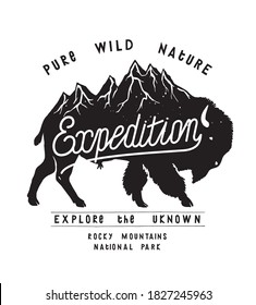 Hiking bison. Pure nature expedition. Bison with mountain range on its back typography t-shirt print. Vintage vector illustration.