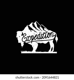 Hiking bison. Pure nature expedition. Bison with mountain range on its back typography t-shirt print. Vintage vector illustration.