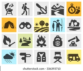 hiking black icons set. trip, walking tour or expedition, camping signs and symbols