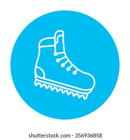 Hiking boot with crampons line icon for web, mobile and infographics. Vector white icon on the light blue circle isolated on white background.