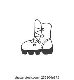 Hiking Boot Doodle Icon. Hand drawn trip and journey footwear. Outline vector illustration. 