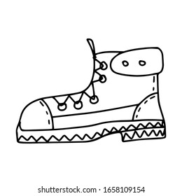 Hiking boot in doodle style. Black and white vector illustration. hand-drawn isolated on a white background. Shoes for travel, hiking and an active lifestyle