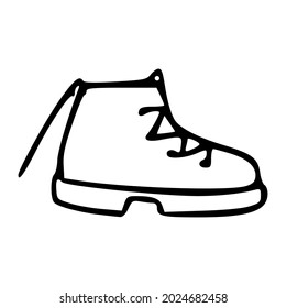 A hiking boot drawn with a black outline. A hand-drawn shoe icon. Contour vector drawing