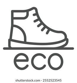 Wanderschuh mit Öko-Textzeile Symbol, Schuhkonzept. Vektorgrafiken. Öko-Material Schuh-Zeichen auf weißem Hintergrund, Umriss-Stil-Symbol für Mobil- oder Web-Design