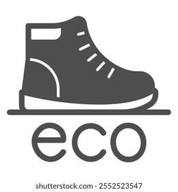 Wanderschuh mit Öko-Text solides Symbol, Schuhkonzept. Vektorgrafiken. Öko-Material Schuhschild auf weißem Hintergrund, Glyphe-Stil-Symbol für Mobil- oder Web-Design