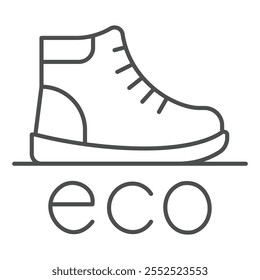 Wanderschuh mit Öko-Text dünne Linie Symbol, Schuhkonzept. Vektorgrafiken. Öko-Material Schuh-Zeichen auf weißem Hintergrund, Umriss-Stil-Symbol für Mobil- oder Web-Design