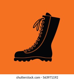 Hiking boot icon. Orange background with black. Vector illustration.