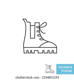 Hiking boot icon. Thin line shape logo sign. Sport winter footwear flat element. Editable stroke vector illustration. Emblem isolated on white background