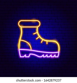 Signo de neón de inicio de senderismo. Ilustración vectorial de la promoción de zapatos.