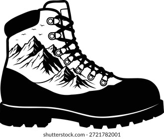 Silueta de la bota de senderismo con paisaje de montaña en el interior. Ilustración vectorial de doble exposición. Zapato de trekking para camping, viajes y diseño de logotipos al aire libre.