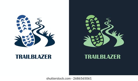 Logotipo de trilha de boot de caminhada com caminho de montanha para caminhadas ao ar livre e marca Eco Adventure