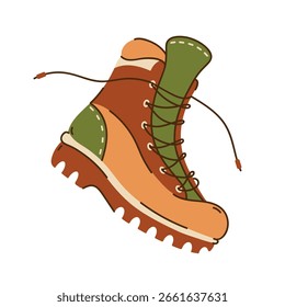 Bota de caminhada, ícone de vetor. Calçado de couro confortável com sola de borracha ortopédica, cadarços. Sapatos para escalar, acampar, esporte, exército. ilustração desenhada à mão, clipart de doodle plana isolado no branco