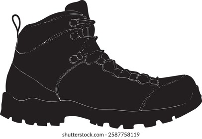 Hiking Boot Vector Illustration, Black Silhouette Isolated on White