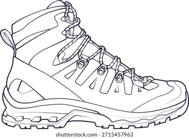 Arte de la línea de la Ilustración vectorial de la bota de senderismo. Icono de contorno de zapato de trekking al aire libre aislado sobre fondo blanco.