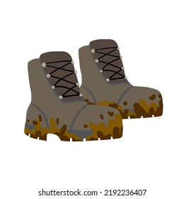 Hiking boots. Dirty Sturdy leather travel shoes. Traveler clothing item. Brown Mud. Doodle cartoon