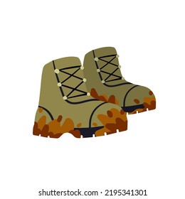 Hiking boots. Dirty Sturdy leather travel shoes. Traveler clothing item. Brown Mud. Doodle cartoon