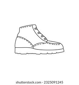 Hiking boots hand drawn outline on white background. Vector stock illustration.