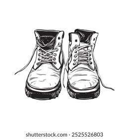 Botas de senderismo. Ilustración vectorial dibujada a mano de zapatos de viaje de cuero para turismo y camping. Dibujo lineal de calzado militar para viaje y exploración. Arte monocromo.