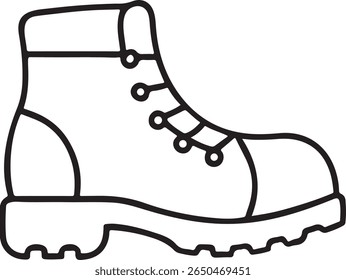 Hiking Boots Icon, Outdoor Footwear with Laces, Durable Trekking Shoes in Clean Black Line Vector Style