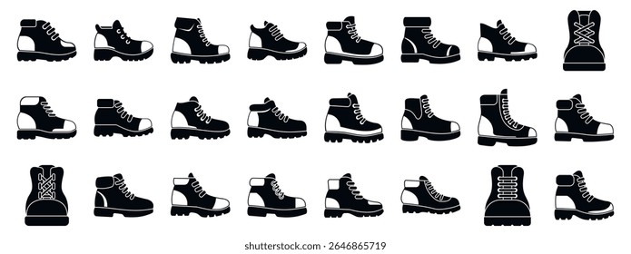  Hiking boots icons set. Collection of hiking boot icons representing various styles of sturdy footwear designed for outdoor activities