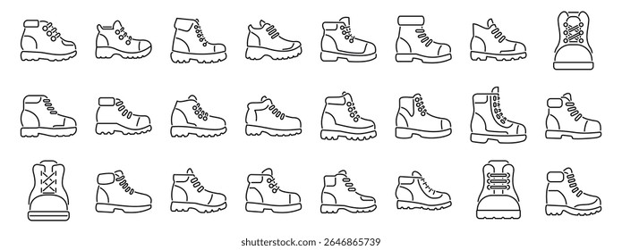  Ícones de botas de caminhada definidos. Coleção de ícones de boot de caminhadas lineares apresentando diversos projetos e vistas, adequados para projetos relacionados a aventura e ao ar livre