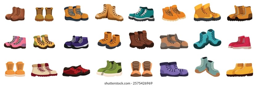  Hiking boots icons set. Colorful array of hiking boots, presenting diverse designs for trekking and outdoor activities