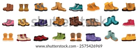  Hiking boots icons set. Colorful array of hiking boots, presenting diverse designs for trekking and outdoor activities