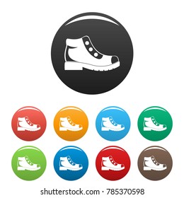 Hiking boots icons set in simple style many color circle isolated on white background