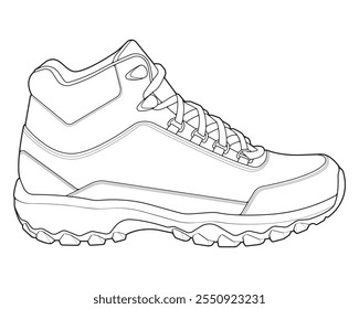 Ilustração de botas de caminhada. Contornar inicializações vetoriais. Botas de caminhada de vista lateral isoladas com fundo branco.
