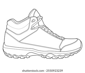 Hiking boots illustration. Outline vector boots. Side view hiking boots isolated with white background.

