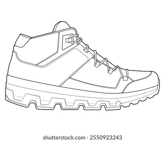 Ilustração de botas de caminhada. Contornar inicializações vetoriais. Botas de caminhada de vista lateral isoladas com fundo branco.
