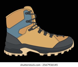 Hiking boots illustration. Illustration vector boots. Side view hiking boots isolated with black background.
