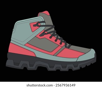 Hiking boots illustration. Illustration vector boots. Side view hiking boots isolated with black background.
