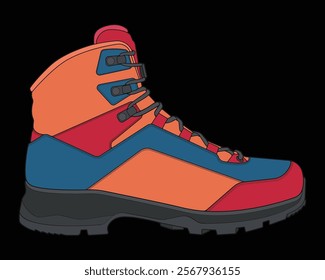 Hiking boots illustration. Illustration vector boots. Side view hiking boots isolated with black background.
