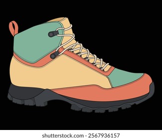 Hiking boots illustration. Illustration vector boots. Side view hiking boots isolated with black background.
