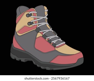 Hiking boots illustration. Illustration vector boots. Side view hiking boots isolated with black background.
