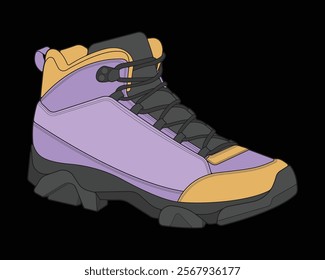 Hiking boots illustration. Illustration vector boots. Side view hiking boots isolated with black background.
