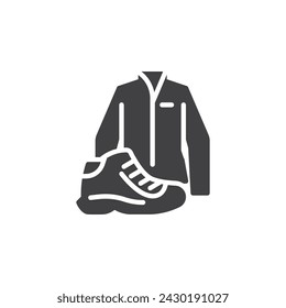 Hiking boots and jacket vector icon. filled flat sign for mobile concept and web design. Men clothes glyph icon. Symbol, logo illustration. Vector graphics