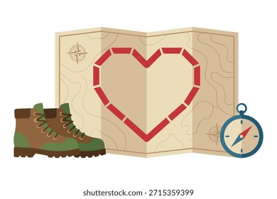 Botas de senderismo, mapa y brújula para la aventura y la exploración.