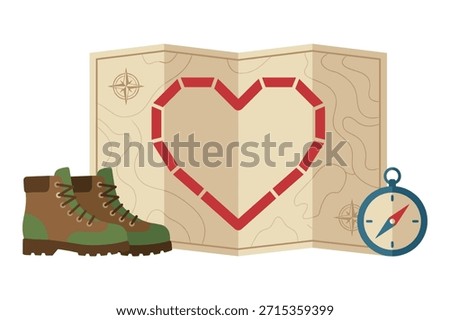 Hiking boots, map and compass for adventure and exploration.