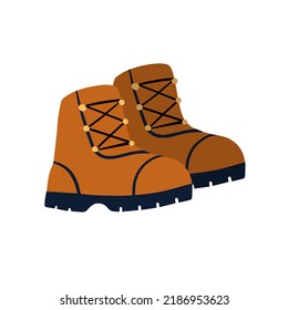 Hiking boots. Sturdy brown leather travel shoes. Traveler clothing item. Doodle cartoon