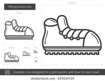 Hiking boots vector line icon isolated on white background. Hiking boots line icon for infographic, website or app. Scalable icon designed on a grid system.