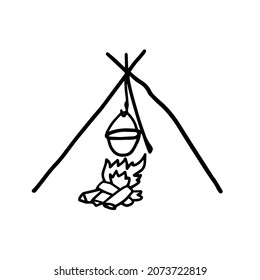 Hiking bowler in doodle style. Camping fire. Isolated vector.
