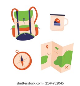 Hiking bundle kit map backpack vector illustration