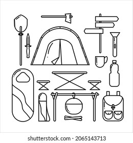 Hiking bundle set in linear style. Collection items for hiking tourism. Isolated vector illustration.