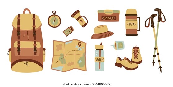 Esbozo de paro de senderismo. Un conjunto de artículos para la caminata. Mochila, mapa, brújula, fósforos, zapatillas, papel higiénico, bastones de trekking y termos. Kit para turistas. Ilustración del vector